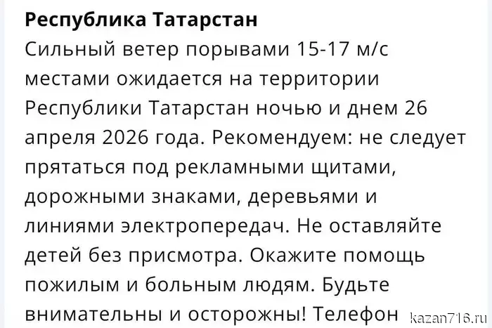 On April 26, strong winds with gusts up to 17 m/s are expected in Tatarstan.