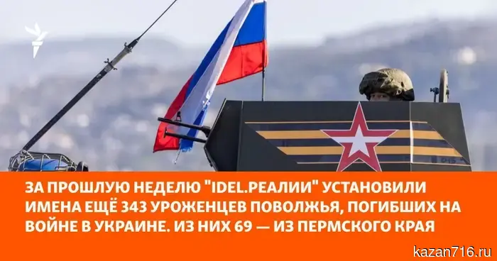 In the past week, "Idel.Realii" identified the names of another 343 natives of the Volga region who died in the war in Ukraine. Of these, 69 are from the Perm Krai.